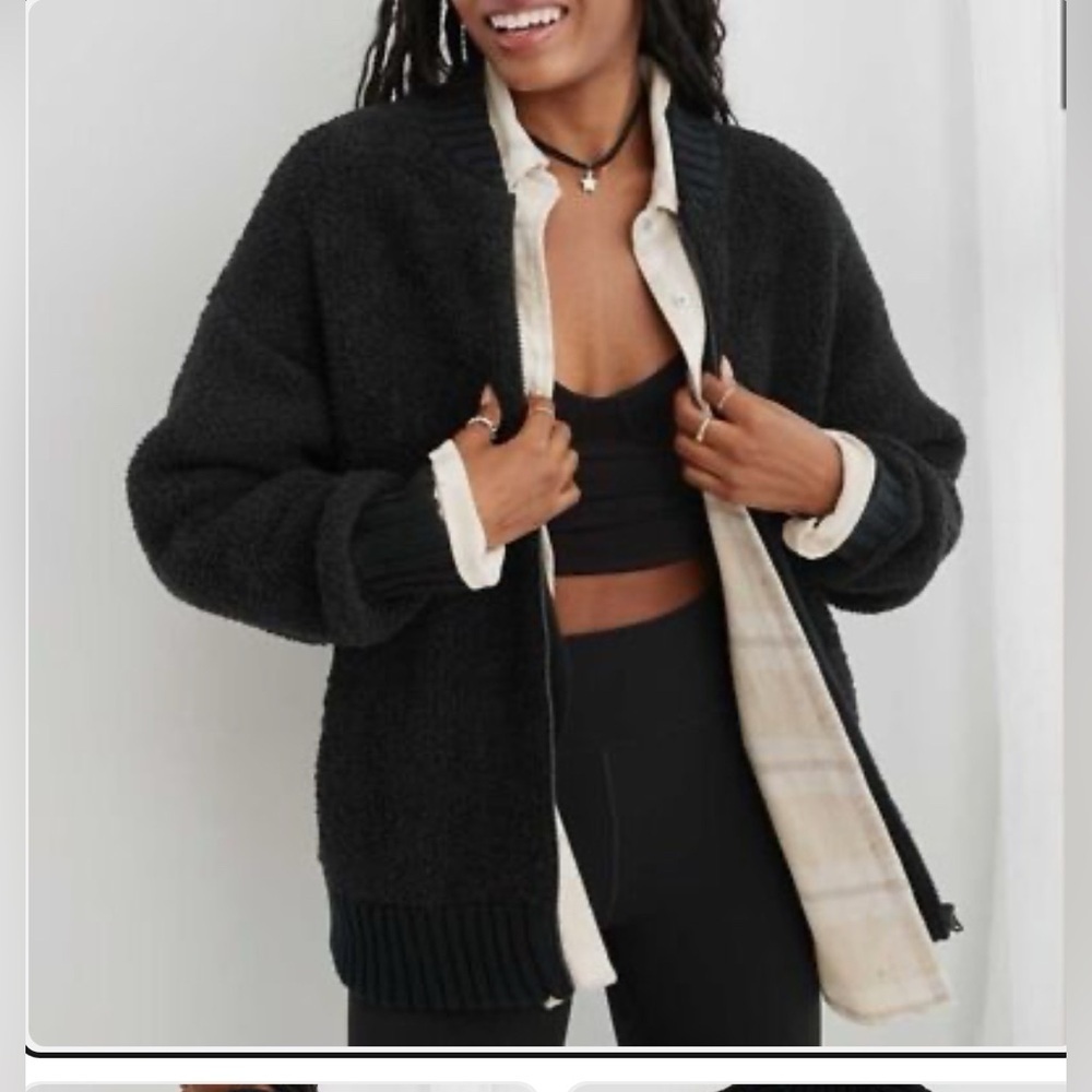 Aerie Full Zip Sherpa Cardigan Black Oversized Size XS